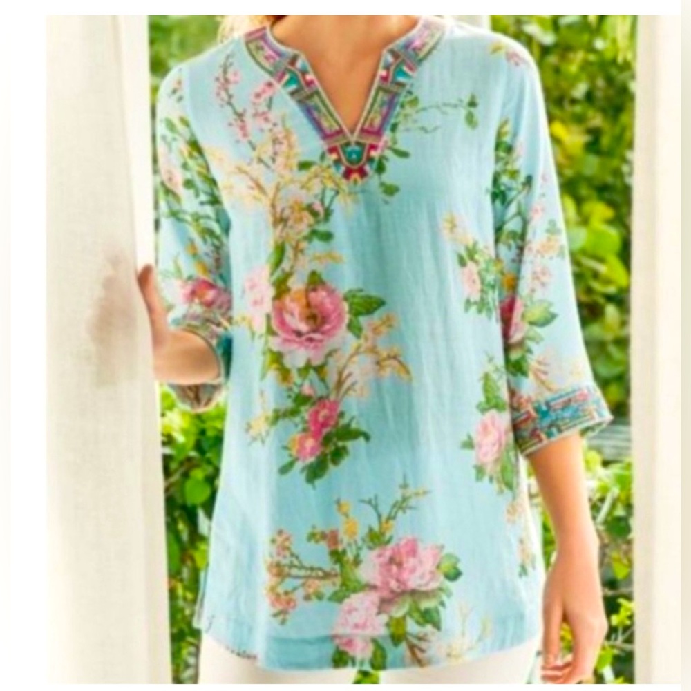 Soft Surroundings light aqua blue & pink Floral Women's Top size medium